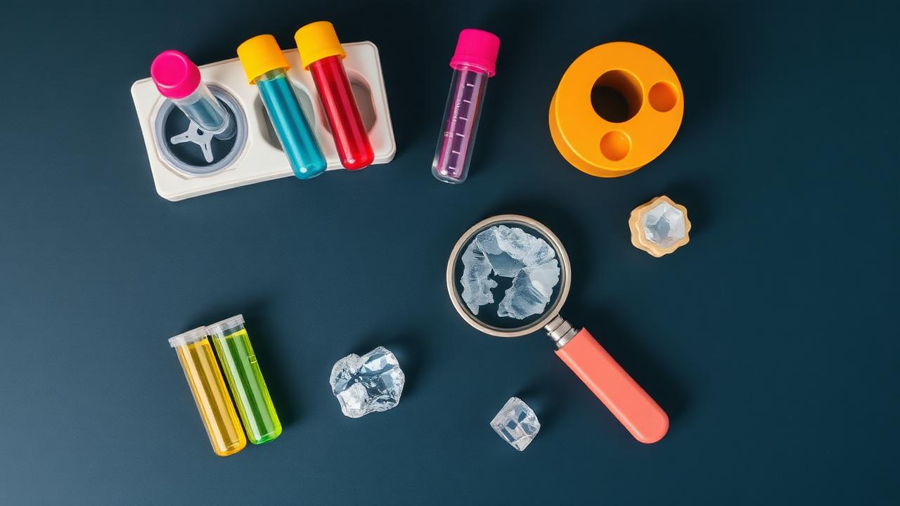 Children's science kit components arranged on a dark navy surface