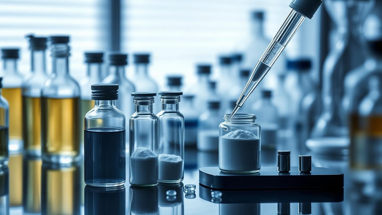 Laboratory bench with glass vials and a pipette testing powder samples