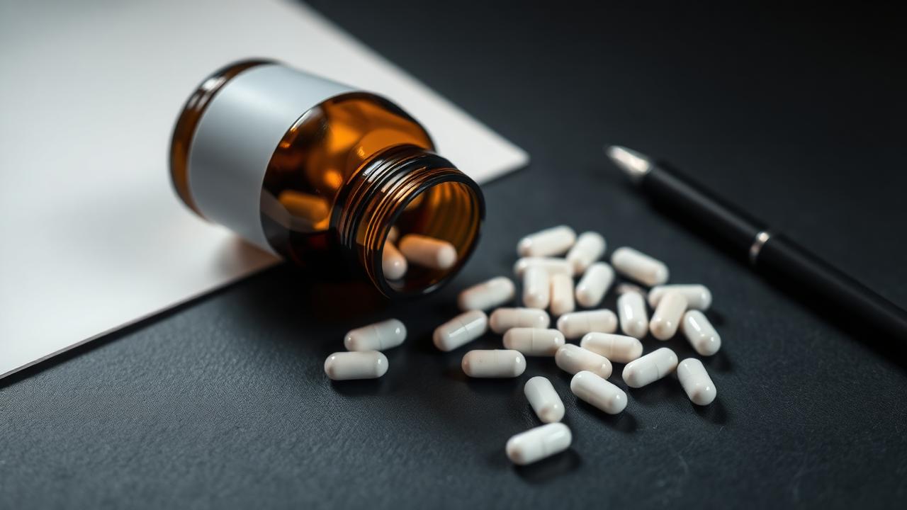 Supplement capsules spilling from an amber bottle beside a blank document